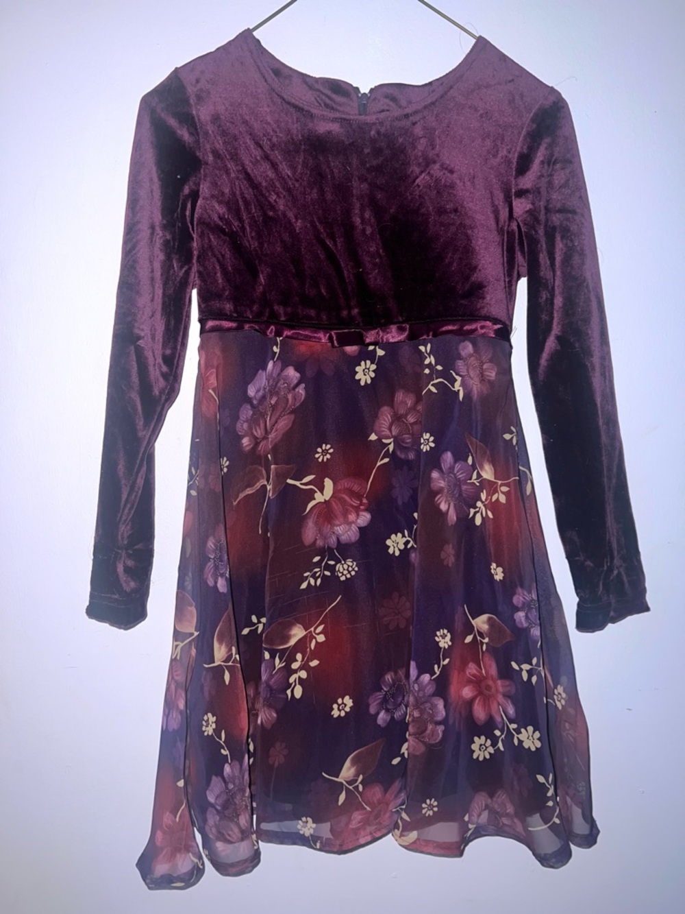 Vintage Girls Burgundy Velvet Bodice Formal Holiday Dress W/ Floral Skirt Sz. 10